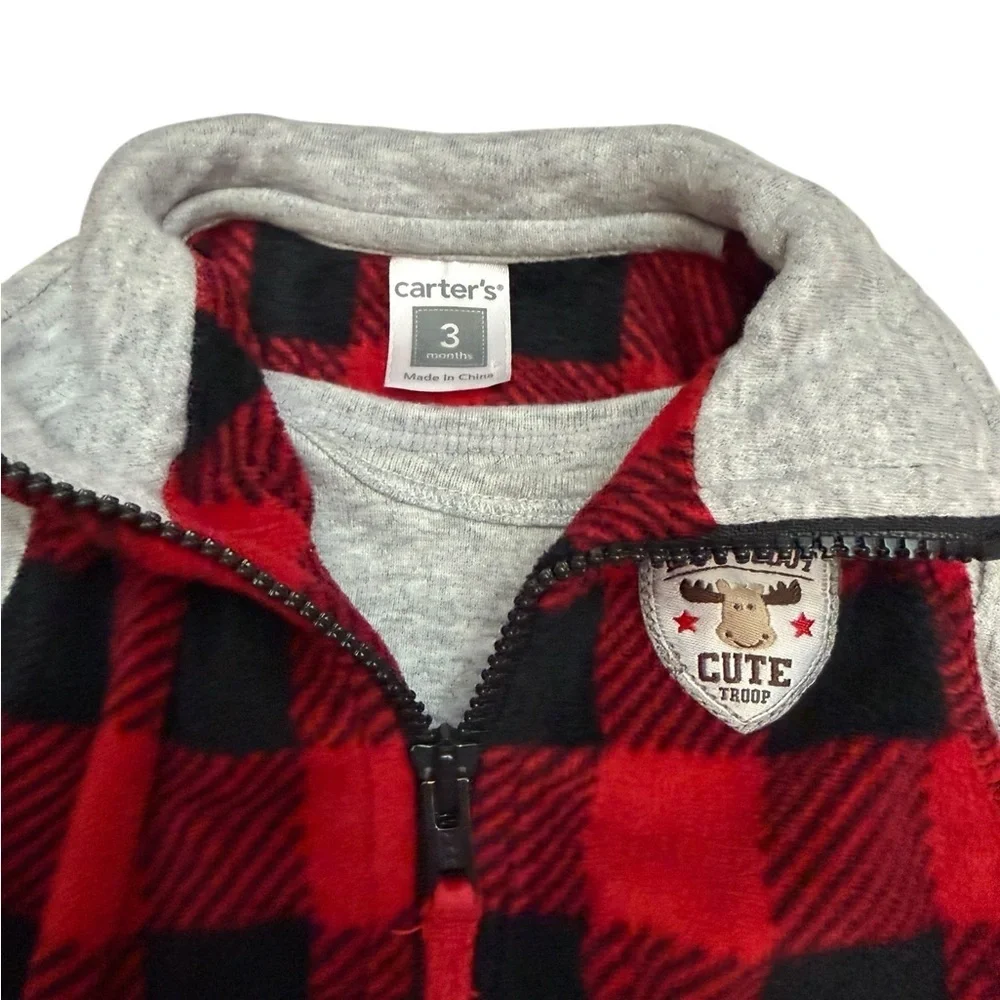 Carter's Red and Black Plaid Vest with Gray Shirt W/ Hoodie & Pant Set